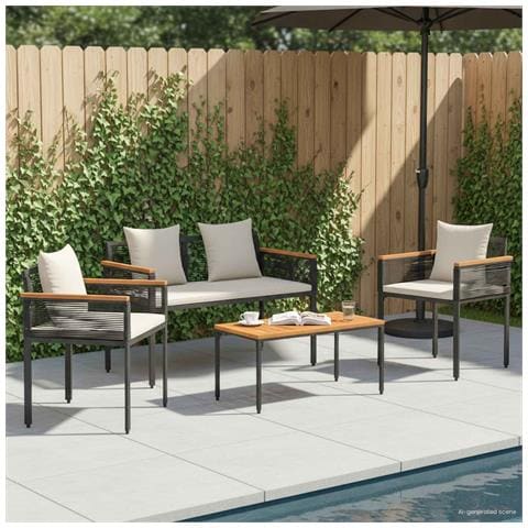 Set di Mobili da Esterno 4 pcs Nero e Bianco Crema Rattan in PE - Foto 2