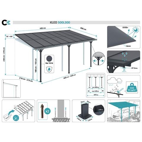 Tettoia Per Terrazza, Auto Addossata Kleo 500l300 Alluminio Grigio - Foto 10