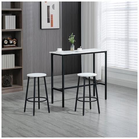 Set 3 Pezzi Con Tavolo Rettangolare E 2 Sgabelli Da Bar In Truciolato, Mdf E Acciaio, Bianco E Nero - Foto 2