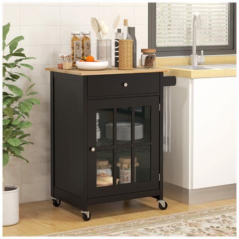 Carrello Cucina con Cassetto, Armadietto Regolabile e Portasciugamani, in Legno, 67x48x86.5 cm, Nero e Rovere - Foto 6