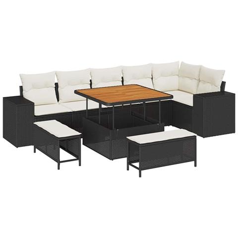 Set di Divani da Giardino 9 Pezzi con Cuscini Polyrattan Nero Acacia, Set di Pranzo da Giardino 3 Pezzi con Cuscini Polyrattan Nero Acacia - Foto 1