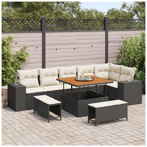 Set di Divani da Giardino 9 Pezzi con Cuscini Polyrattan Nero Acacia, Set di Pranzo da Giardino 3 Pezzi con Cuscini Polyrattan Nero Acacia - Foto 2