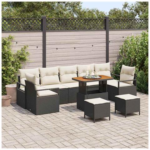 Set divani da giardino 10 pezzi con cuscini Nero Polyrattan Acacia, Divano da giardino 2 posti con deposito e cuscini Nero Polyrattan, Set da pranzo da giardino 3 pezzi con cuscini Nero Polyrattan Acacia - Foto 2