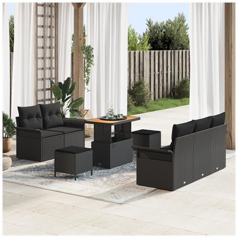 Set Divano da Giardino  8 Pezzi con Cuscini Nero Rattan Sintetico Acacia, Divano da Giardino  2 Posti con Cuscini Nero Rattan Sintetico, Set da Pranzo da Giardino  3 Pezzi con Cuscini Nero Rattan Sintetico Acacia - Foto 2