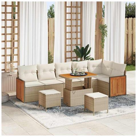 Set Divano da Giardino a 9 Pezzi con Cuscini Beige Polirattan Acacia, Divano da Giardino a 2 Posti con Cuscini Beige Polirattan, Set da Pranzo per Giardino a 3 Pezzi con Cuscini Beige Polirattan Acacia - Foto 2