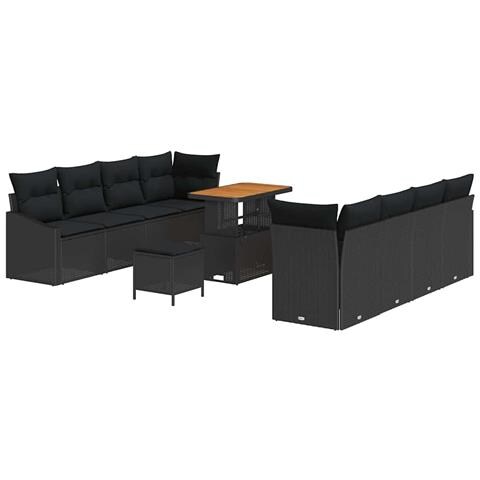 Set Divano Giardino 11 Pezzi Cuscini Nero Polyrattan Acacia, Divano Giardino 2 Posti Box Cuscini Nero Polyrattan, Set Pranzo Giardino 3 Pezzi Cuscini Nero Polyrattan Acacia - Foto 1