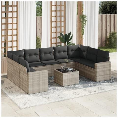 Set Divano Giardino 10 pz con Cuscini Grigio Chiaro Polyrattan - Foto 2