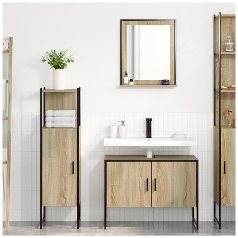 Set di Mobili da Bagno in 3 Pezzi Rovere Chiaro Legno Ingegnerizzato, Specchio da Bagno con Mensola Rovere Chiaro 50x12x60 cm Legno Ingegnerizzato - Foto 2