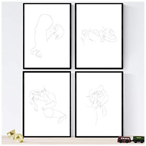 Set Di 4 Stampe Lamini Di Disegni E Schizzi A Una Linea Coppie In Amore 2 Poster Nordico Dei Volti Nudi Corpi Al Naturale Tavolo Senza Cornice A3 - Foto 1