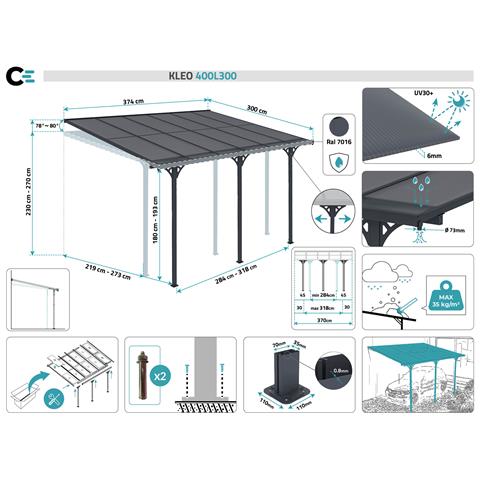 Tettoia Per Terrazza, Auto Addossata Kleo 400l300 Alluminio Grigio - Foto 9