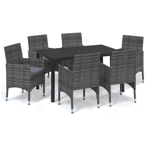 Set Da Pranzo Per Giardino 7 Pz Con Cuscini Polyrattan Grigio - Foto 1