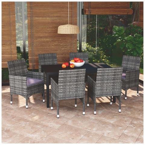 Set Da Pranzo Per Giardino 7 Pz Con Cuscini Polyrattan Grigio - Foto 8