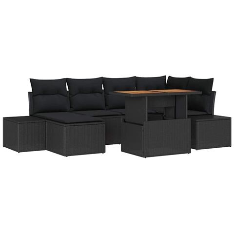 Set da pranzo da giardino 7 pezzi con cuscini in polyrattan nero e acacia - Foto 1
