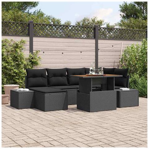 Set da pranzo da giardino 7 pezzi con cuscini in polyrattan nero e acacia - Foto 2