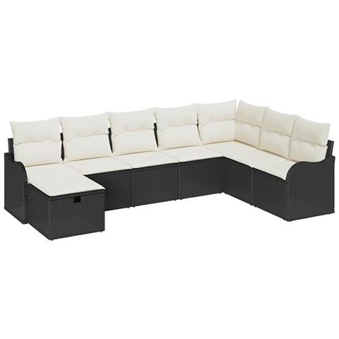 Set Divano da Giardino  8 Pezzi con Cuscini Polyrattan Nero, Divano da Giardino 2 Posti con Cuscini Polyrattan Nero - Foto 1