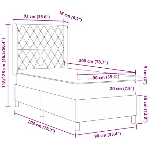 Letto Box Spring con Materasso Grigio Scuro 90x200 cm in Velluto - Foto 9