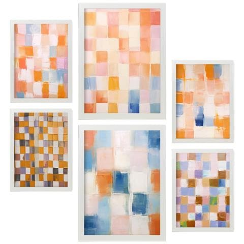 Set Di 6 Stampe Mosaico Arancione E Blu 2 In Dipinti Decorativi Estetici Astratti Per Il Tuo Soggiorno, Camera Da Letto, Casa A3 & A4 Cornice Bianca - Foto 1