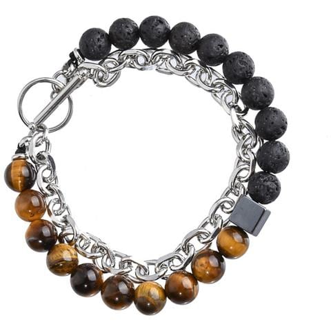 Bracciale Con Perle In Pietra Vulcanica - Bracciale Alla Moda Con Catena In Ferro Naturale Unico - Foto 1