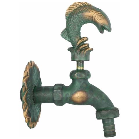 Rubinetto Da Giardino Nostalgico Con Motivo Pesce In Ottone Patinato - Foto 1
