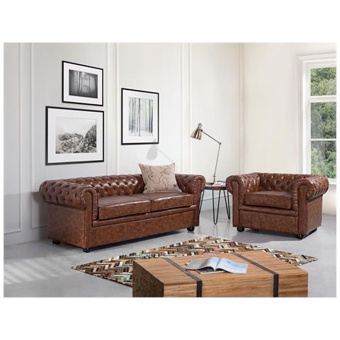 Divano Vintage A 3 Posti In Pelle Sintetica Marrone Invecchiato Chesterfield - Foto 35