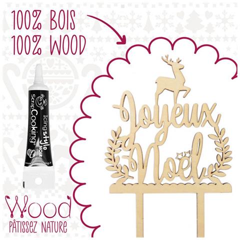 Cake Topper In Legno Joyeux Noël (en Français) + Penna Per Glassa Nera - Foto 1