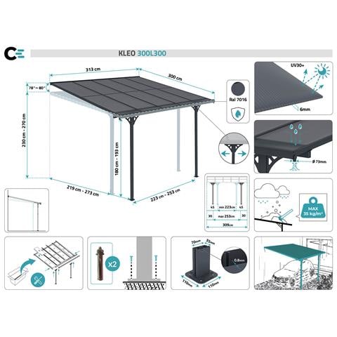Tettoia Per Terrazza, Auto Addossata Kleo 300l300 Alluminio Grigio - Foto 11