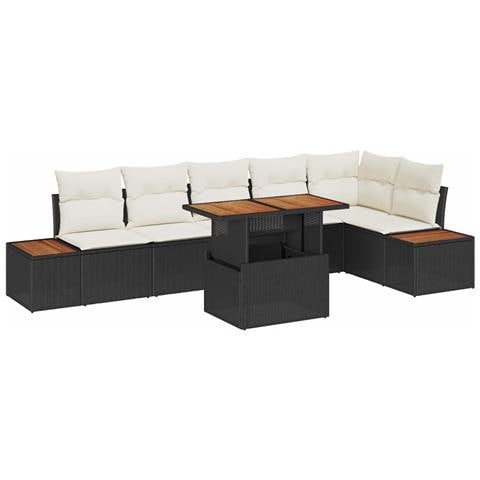 Set da pranzo da giardino 7 pezzi con cuscini in polyrattan nero e acacia - Foto 1