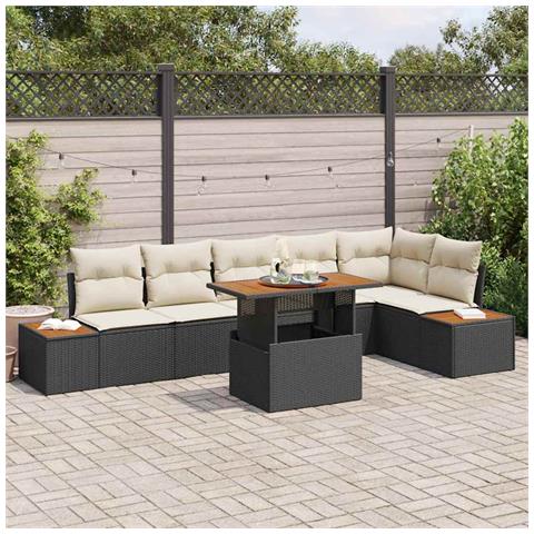 Set da pranzo da giardino 7 pezzi con cuscini in polyrattan nero e acacia - Foto 2