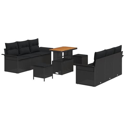 Set di Divani da Giardino  9 Pezzi con Cuscini Rattan Poli Nero Acacia, Divano da Giardino  2 Posti con Cuscini Rattan Poli Nero, Set da Pranzo da Giardino  3 Pezzi con Cuscini Rattan Poli Nero Acacia - Foto 1