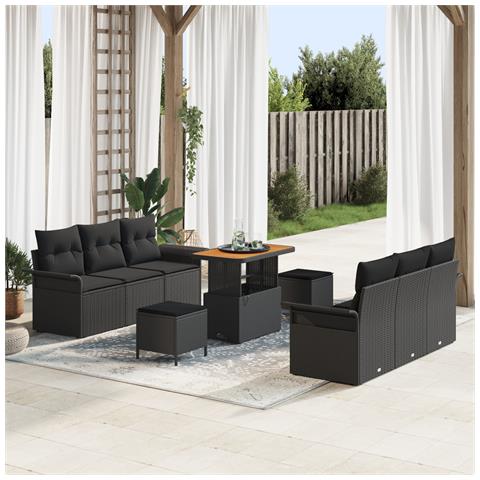 Set di Divani da Giardino  9 Pezzi con Cuscini Rattan Poli Nero Acacia, Divano da Giardino  2 Posti con Cuscini Rattan Poli Nero, Set da Pranzo da Giardino  3 Pezzi con Cuscini Rattan Poli Nero Acacia - Foto 2