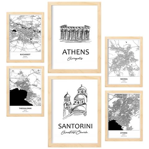 Set Di 6 Stampe Stampe Di Mappe E Monumenti D'europa In Bianco E Nero Per La Progettazione D'interni Della Tua Casa E Della Tua Attività A3 & A4 Telaio In Legno Chiaro - Foto 1
