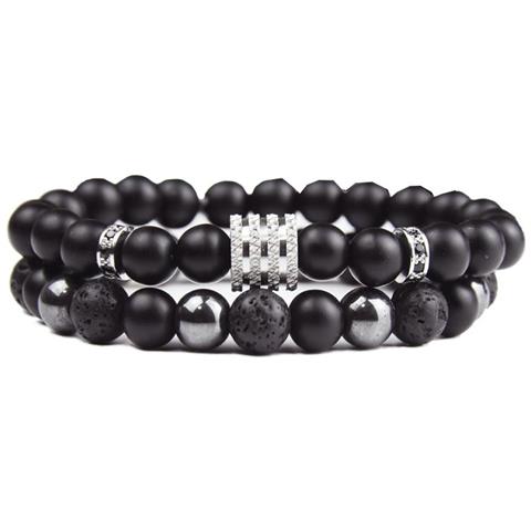 Set Di Braccialetti In Pietra Vulcanica Nera Opaca E Ematite - Gioielli Elastici Con Perline - Foto 2
