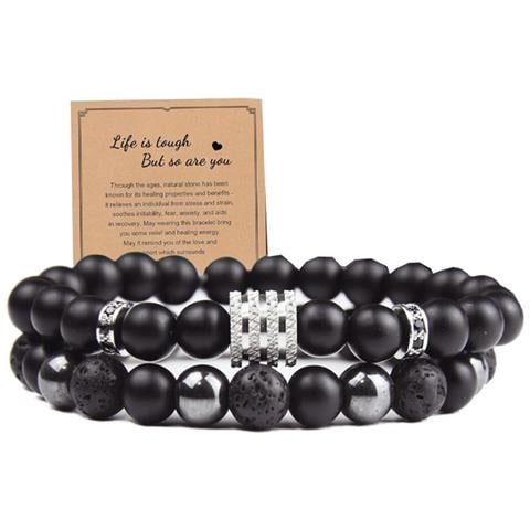 Set Di Braccialetti In Pietra Vulcanica Nera Opaca E Ematite - Gioielli Elastici Con Perline - Foto 1