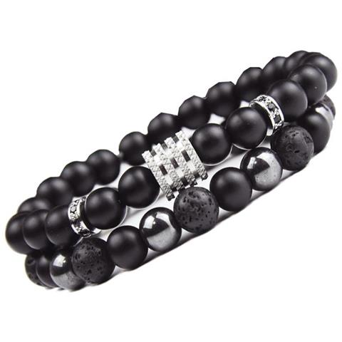 Set Di Braccialetti In Pietra Vulcanica Nera Opaca E Ematite - Gioielli Elastici Con Perline - Foto 4
