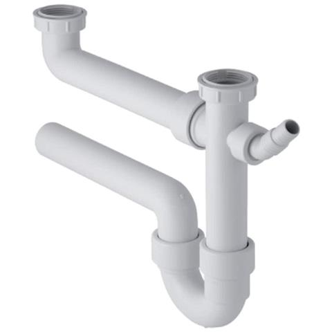 GEBERIT Sifone Curvo Per Due Lavelli Con Portagomma A Gomito Scarico Orizzontale Finitura Bianco 152.717.11.1