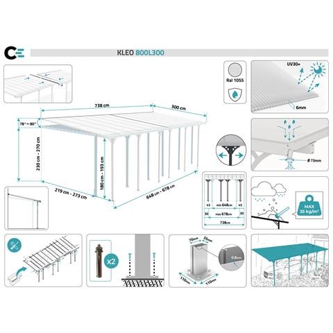 Pergola Addossata /posto Auto Coperto 24m² Kleo 800l300 Alluminio Bianco - Foto 7