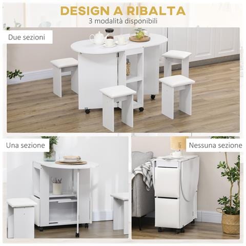 Set Da Cucina 5 Pezzi, Tavolo Pieghevole Con 2 Ripiani E 4 Sgabelli In Legno Truciolato, Bianco - Foto 6