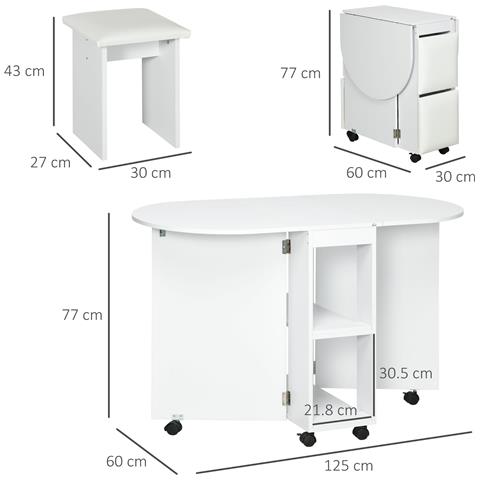 Set Da Cucina 5 Pezzi, Tavolo Pieghevole Con 2 Ripiani E 4 Sgabelli In Legno Truciolato, Bianco - Foto 2