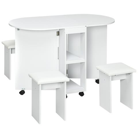 Set Da Cucina 5 Pezzi, Tavolo Pieghevole Con 2 Ripiani E 4 Sgabelli In Legno Truciolato, Bianco - Foto 1