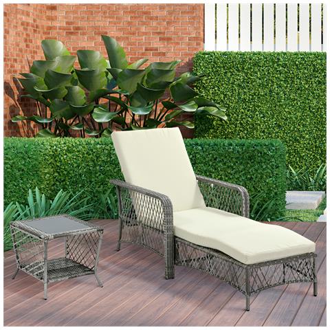 Set Lettino Prendisole E Tavolino In Rattan Pe, Sdraio Da Giardino Regolabile Su 5 Posizioni E Tavolino A 2 Ripiani, Bianco Crema - Foto 2