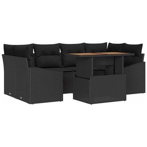 Set da Pranzo da Giardino 7 Pezzi con Cuscini in Polyrattan Nero e Acacia - Foto 1