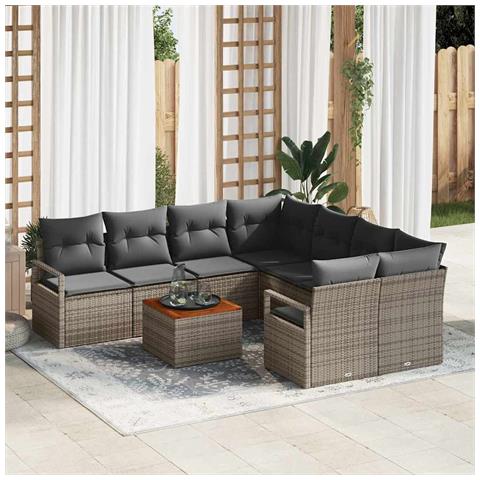 Set di Divani da Giardino  9 Pezzi con Cuscini Rattan Polietilene Grigio Acacia, Divano da Giardino  2 Posti con Ripostiglio e Cuscini Rattan Polietilene Grigio - Foto 2