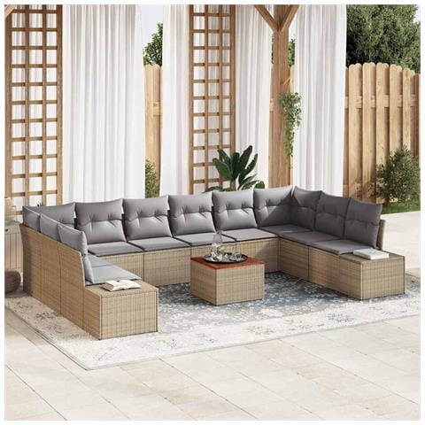 Set Divani da Giardino 11 Pezzi con Cuscini Beige Rattan Sintetico Acacia - Foto 2