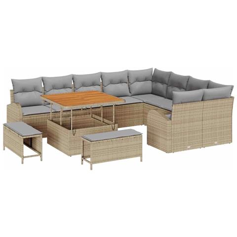 Set Divano Giardino 12 Pezzi con Cuscini Beige Polyrattan Acacia,  Set da Pranzo Giardino 3 Pezzi con Cuscini Beige Polyrattan Acacia,  Divano Giardino 2 Posti con Cuscini Beige Polyrattan - Foto 1