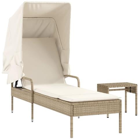 Lettino Prendisole con Baldacchino e Tavolino Beige Polyrattan - Foto 1