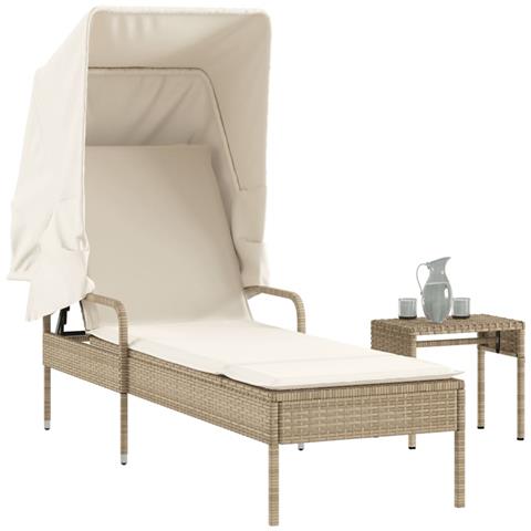 Lettino Prendisole con Baldacchino e Tavolino Beige Polyrattan - Foto 2