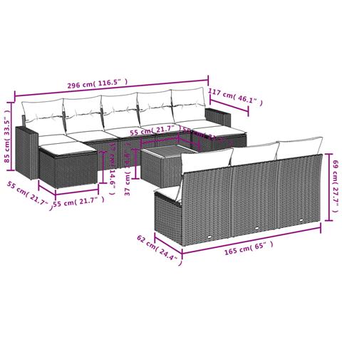 Set Divani da Giardino 11 pz con Cuscini in Polyrattan Nero - Foto 3