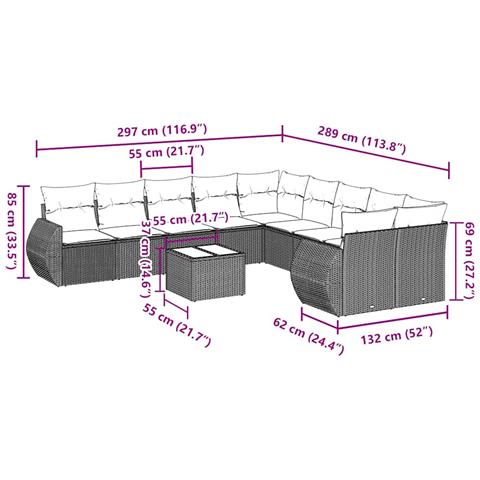Set Divani da Giardino 11 pz con Cuscini in Polyrattan Grigio - Foto 3