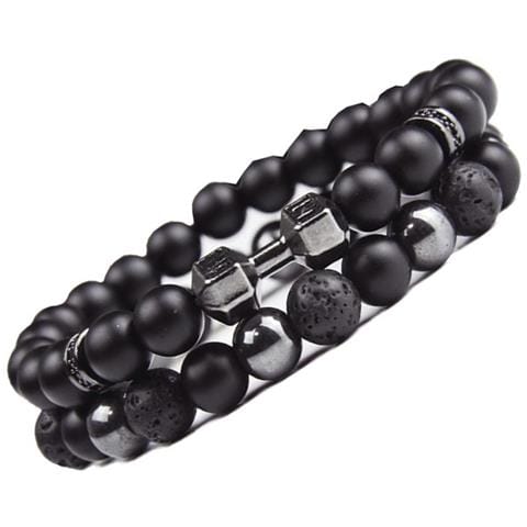 Set Di Braccialetti In Pietra Vulcanica E Ematite Nera Opaca - Gioielli Elasticizzati Con Perline (2 Pezzi) - Foto 2