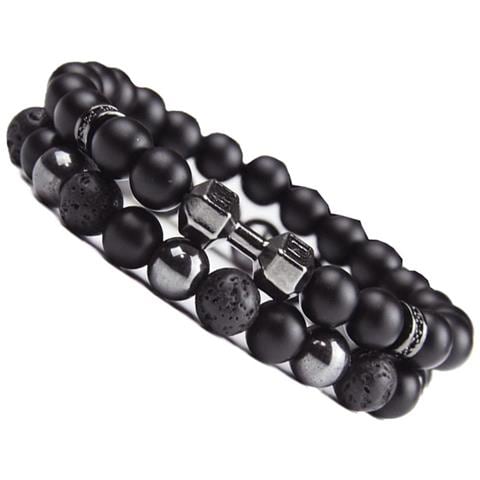 Set Di Braccialetti In Pietra Vulcanica E Ematite Nera Opaca - Gioielli Elasticizzati Con Perline (2 Pezzi) - Foto 4